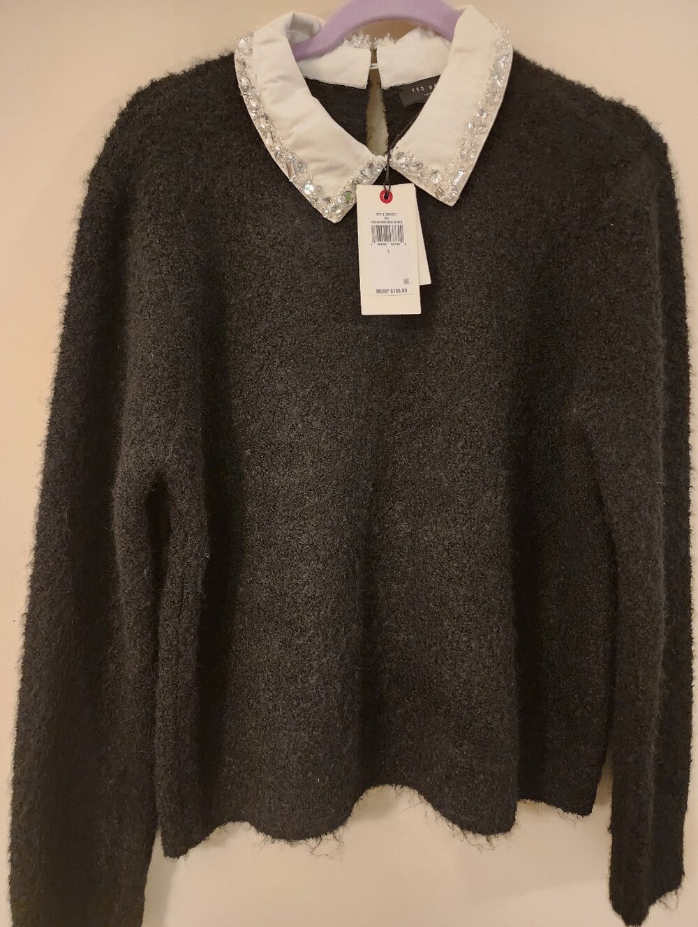 $195.99 Ted Baker London Charcoal Crewneck Sweater with Embellished White Collar